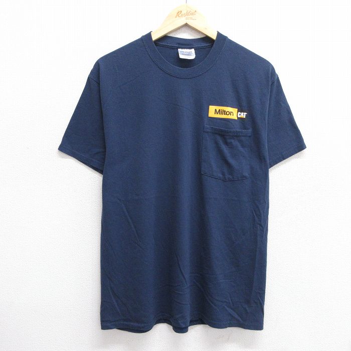L★古着 半袖 ビンテージ Tシャツ メンズ 00年代 00s CAT Milton 胸ポケット付き クルーネック 紺 ネイビー 25jun06 中古