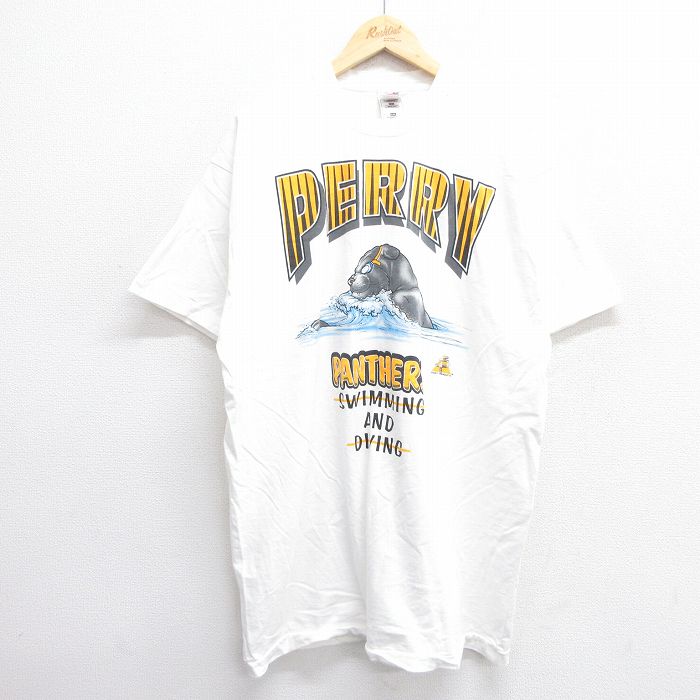 XL★古着 フルーツオブザルーム 半袖 ビンテージ Tシャツ メンズ 90年代 90s PERRY PANTHERS 大きいサイズ ロング丈 コットン クルーネック USA製 白 ホワイト 25jun07 中古
