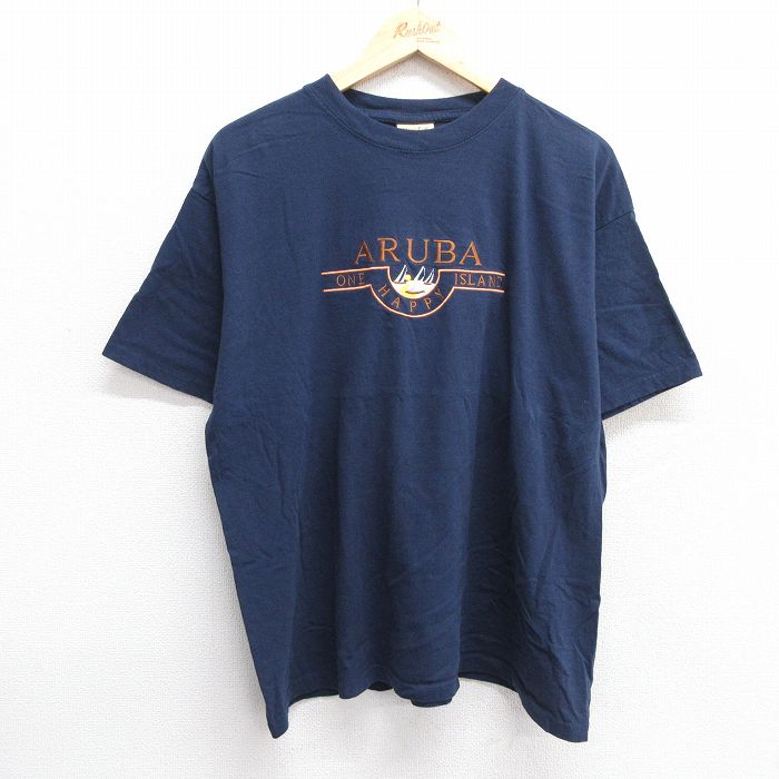 XL★古着 半袖 ビンテージ Tシャツ メンズ 00年代 00s ARUBA 刺繍 コットン クルーネック 紺 ネイビー 25jun07 中古