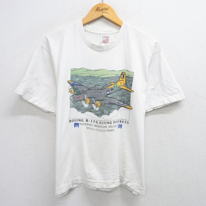 L★古着 フルーツオブザルーム 半袖 ビンテージ Tシャツ メンズ 90年代 90s 戦闘機 B-17G コットン クルーネック USA製 白 ホワイト 25jun07 中古