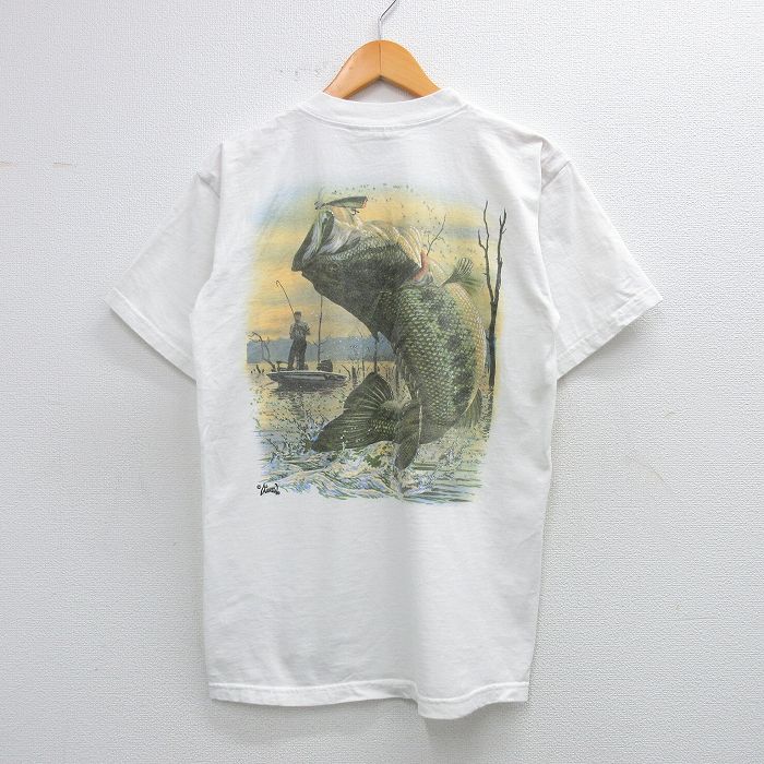 M★古着 半袖 ビンテージ Tシャツ メンズ 00年代 00s AL AGNEW 魚 釣り 胸ポケット付き コットン クルーネック 白 ホワイト 25jun07 中古