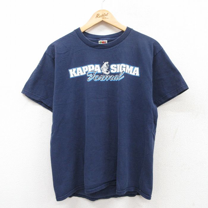 【50%OFF】L★古着 フルーツオブザルーム 半袖 ビンテージ Tシャツ メンズ 00年代 00s カッパシグマ オクラホマ カレッジ 月 コットン クルーネック 紺 ネイビー 25jun13 中古
