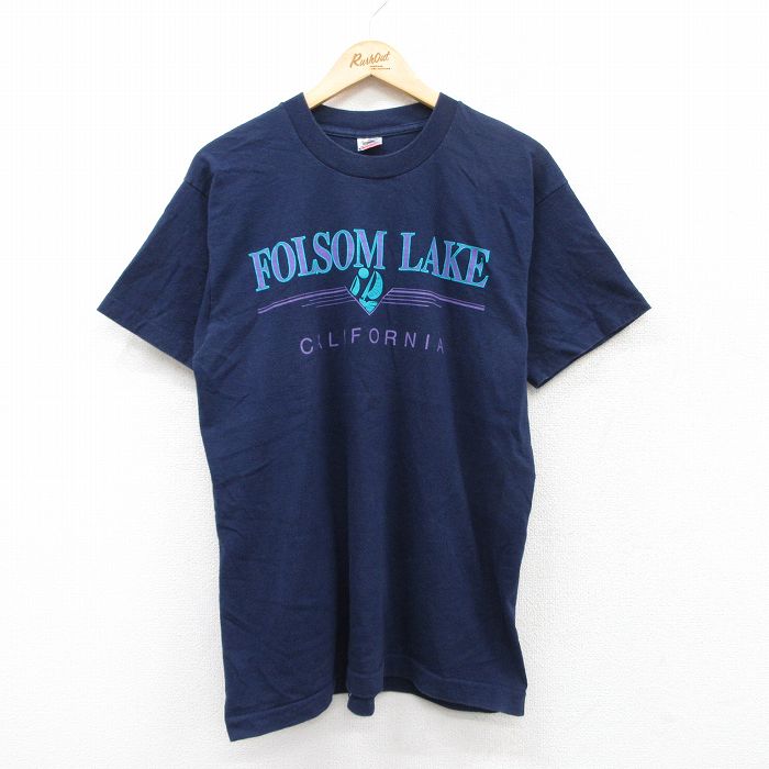 L★古着 フルーツオブザルーム 半袖 ビンテージ Tシャツ メンズ 90年代 90s フォルサム湖 カリフォルニア コットン クルーネック USA製 紺 ネイビー 25jun13 中古