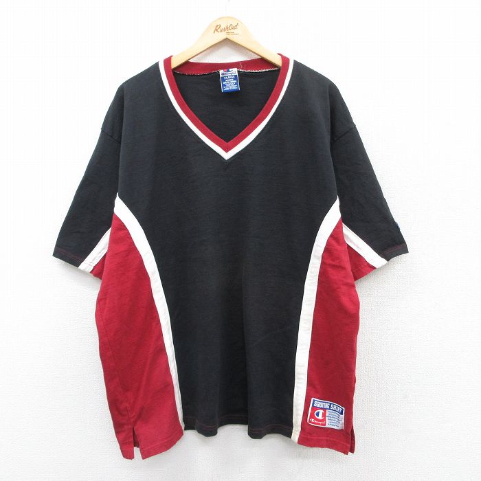 XL★古着 チャンピオン champion 半袖 ビンテージ Tシャツ メンズ 90年代 90s 無地 マルチカラー 大きいサイズ コットン Vネック 黒他 ブラック 【spe】 25jun13 中古