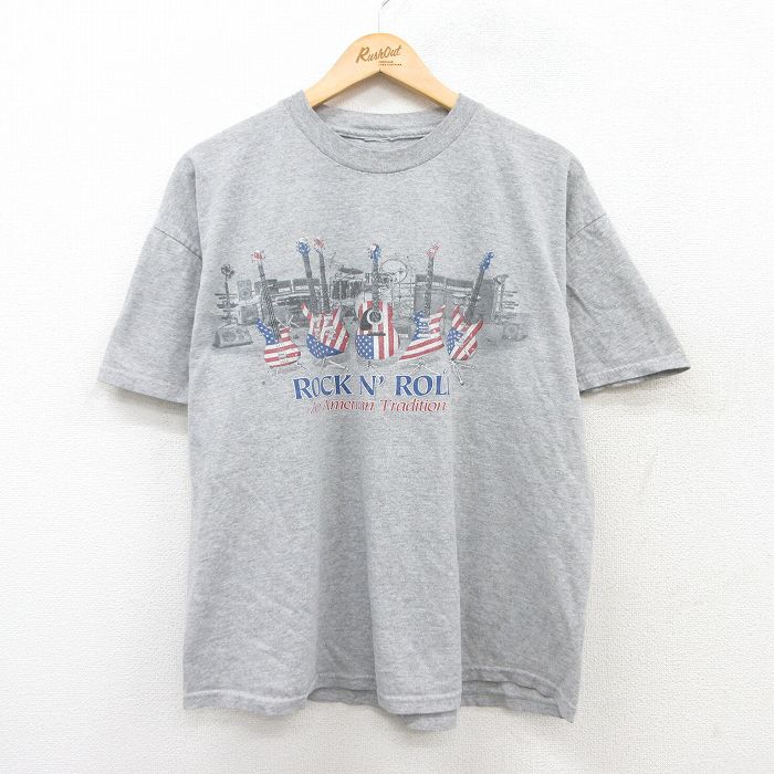 XL★古着 半袖 ビンテージ Tシャツ メンズ 00年代 00s ギター ロックンロール クルーネック グレー 霜降り 25jun13 中古
