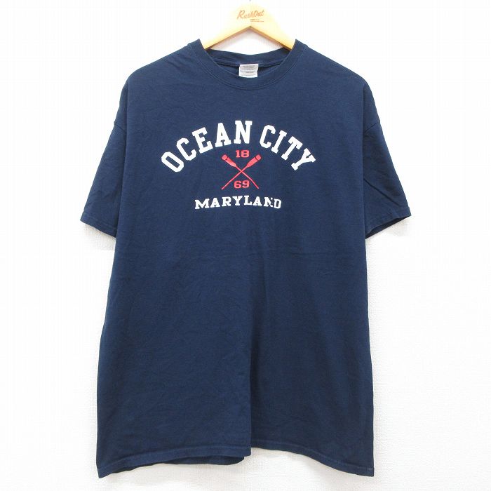 XL★古着 半袖 ビンテージ Tシャツ メンズ 00年代 00s OCEAN CITY コットン クルーネック 紺 ネイビー 25jul05 中古