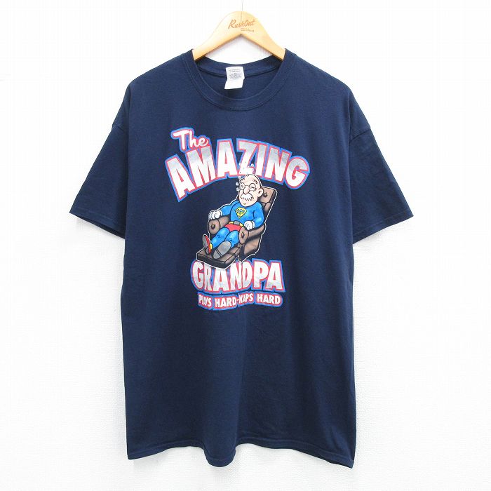 【20%OFF】XL★古着 半袖 ビンテージ Tシャツ メンズ 00年代 00s グランパ コットン クルーネック 紺 ネイビー 25jul05 中古