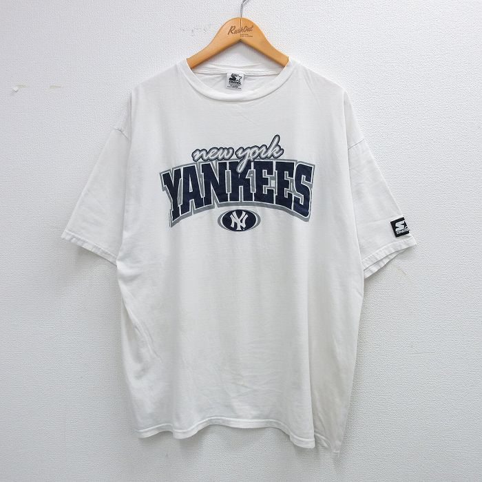 XL★古着 スターター STARTER 半袖 ビンテージ Tシャツ メンズ 90年代 90s MLB ニューヨークヤンキース 大きいサイズ コットン クルーネック 白 ホワイト メジャーリーグ ベースボール 野球 25jul05 中古