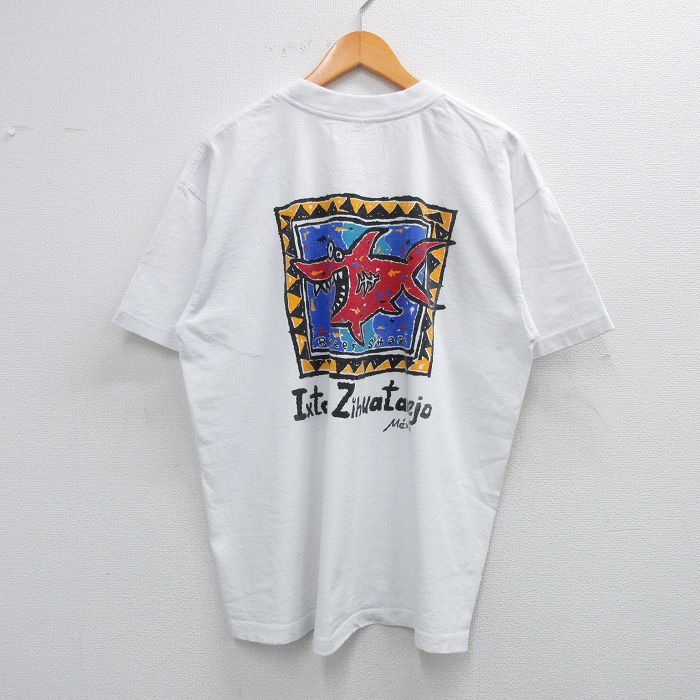 【50%OFF】XL★古着 半袖 ビンテージ Tシャツ メンズ 90年代 90s サメ 大きいサイズ コットン クルーネック 白 ホワイト 25jul05 中古