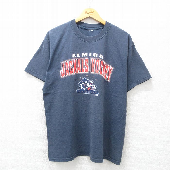 【50%OFF】M★古着 半袖 ビンテージ Tシャツ メンズ 00年代 00s エルマイラジャックス ホッケー ラメ クルーネック 濃グレー 25jul07 中古