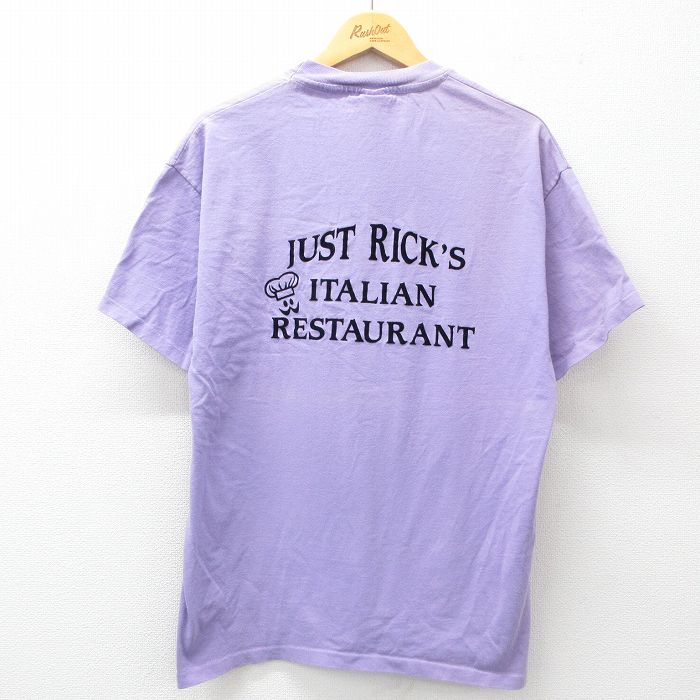 90s 半袖Tシャツ イタリアン レストラン フロッキープリント パープル XL | 古着