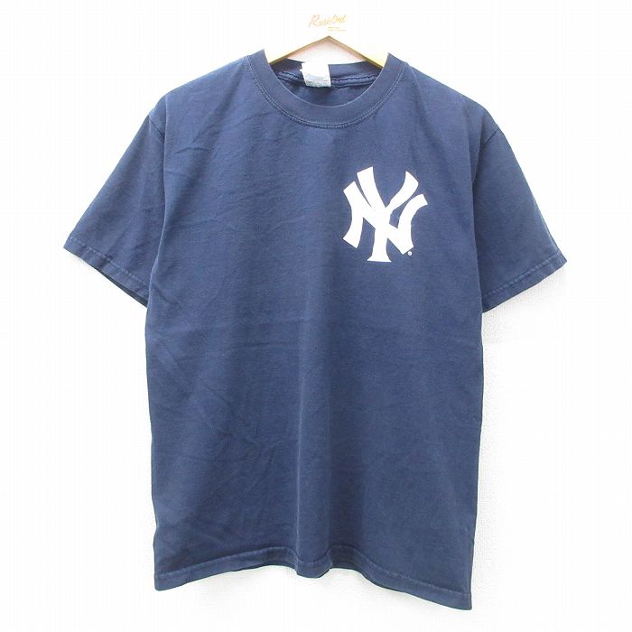 L★古着 半袖 ビンテージ Tシャツ メンズ 00年代 00s MLB ニューヨークヤンキース コットン クルーネック 紺 ネイビー メジャーリーグ ベースボール 野球 25jul07 中古