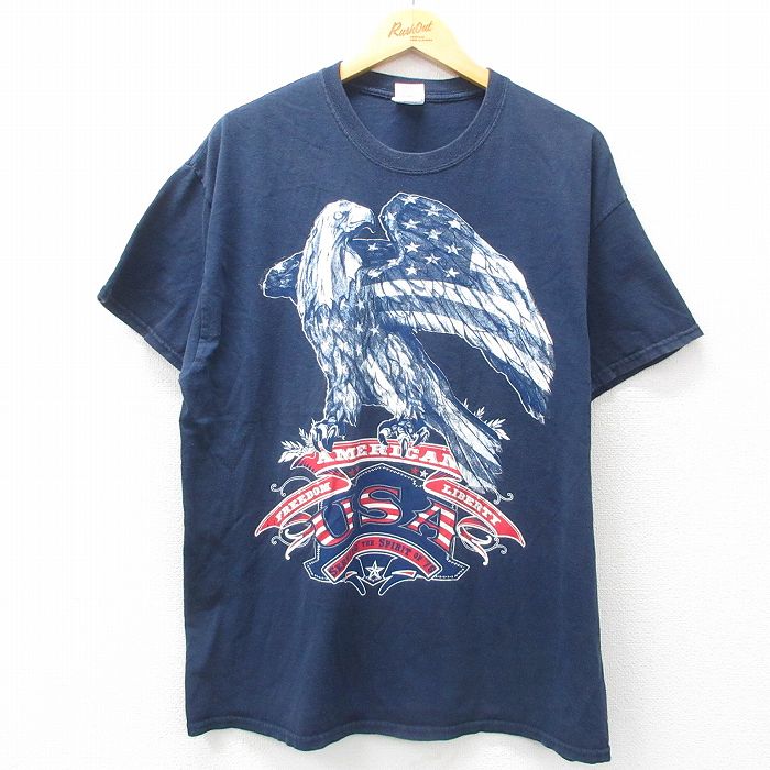XL★古着 半袖 ビンテージ Tシャツ メンズ 00年代 00s 鳥 USAロゴ 大きいサイズ コットン クルーネック 紺 ネイビー 25jul07 中古