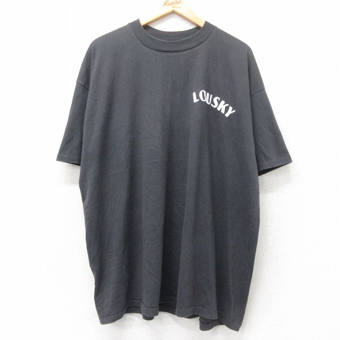 XL★古着 半袖 ビンテージ Tシャツ メンズ 90年代 90s LOUSKY フロッキープリント 大きいサイズ クルーネック 黒 ブラック 25jul08 中古
