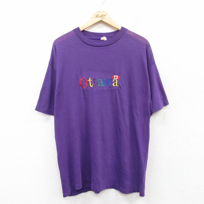 XL★古着 半袖 ビンテージ Tシャツ メンズ 80年代 80s オタワ 刺繍 クルーネック 紫 パープル 25jul08 中古