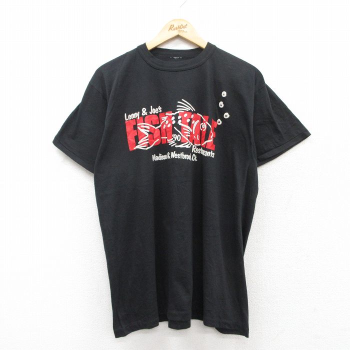 XL★古着 半袖 ビンテージ Tシャツ メンズ 90年代 90s 魚 クルーネック 黒 ブラック 25jul08 中古