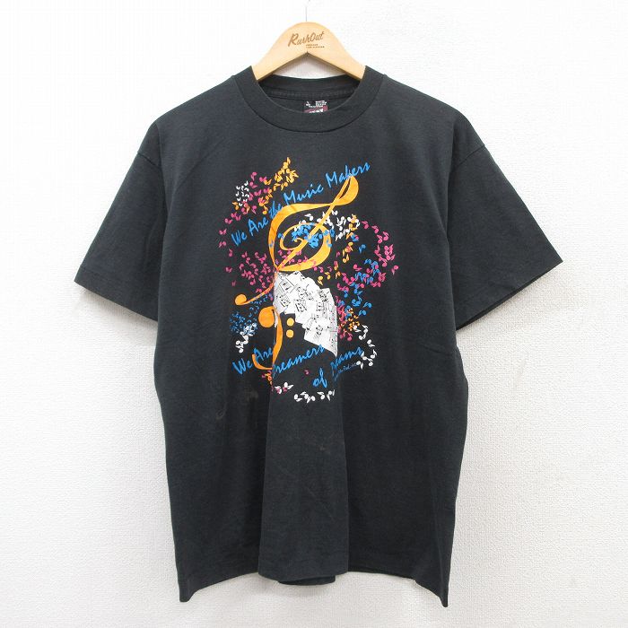 【20%OFF】L★古着 フルーツオブザルーム 半袖 ビンテージ Tシャツ メンズ 90年代 90s 音符 クルーネック USA製 黒 ブラック 25jul08 中古
