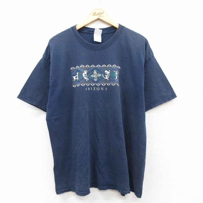 【50%OFF】XL★古着 半袖 ビンテージ Tシャツ メンズ 00年代 00s ココペリ族 アリゾナ コットン クルーネック 紺 ネイビー 25jul08 中古