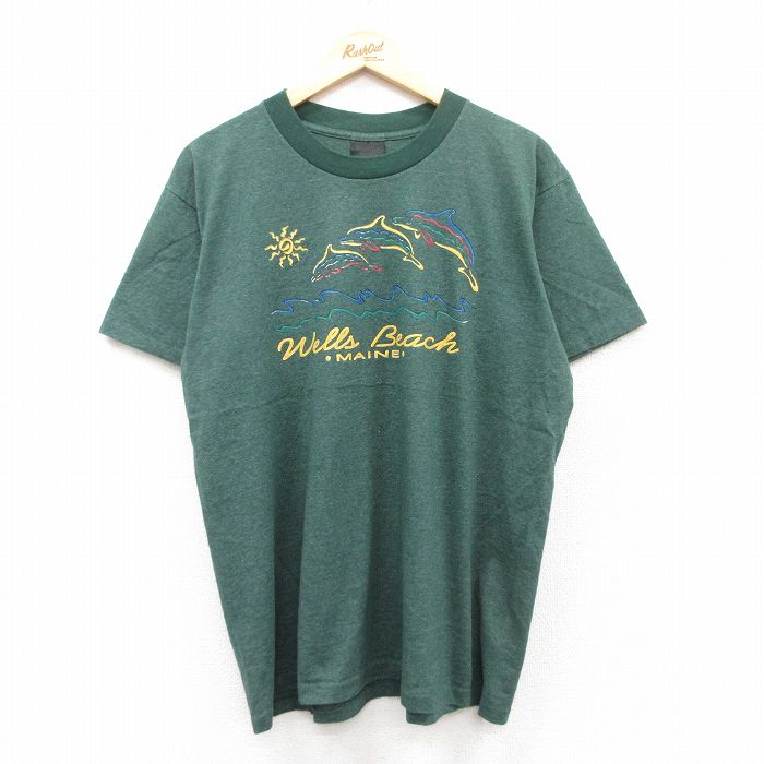 XL★古着 半袖 ビンテージ Tシャツ メンズ 90年代 90s イルカ ウェルズビーチ クルーネック USA製 緑 グリーン 霜降り 25jul08 中古