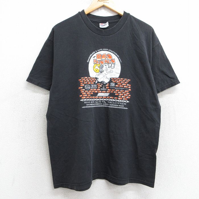 L★古着 ヘインズ Hanes 半袖 ビンテージ Tシャツ メンズ 90年代 90s マラソン ハロウィン 企業広告 コットン クルーネック 黒 ブラック 25jul08 中古