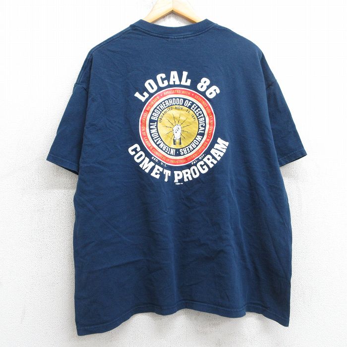 【20%OFF】XL★古着 半袖 ビンテージ Tシャツ メンズ 90年代 90s IBEW LOCAL86 胸ポケット付き 大きいサイズ コットン クルーネック USA製 紺 ネイビー 25jul08 中古