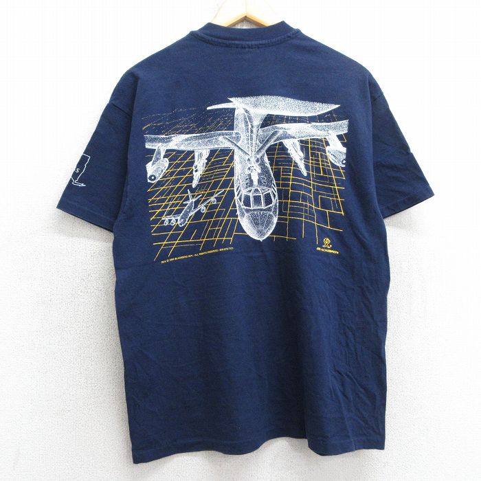 L★古着 ヘインズ Hanes 半袖 ビンテージ Tシャツ メンズ 90年代 90s 飛行機 グリフィス コットン クルーネック USA製 紺 ネイビー 【spe】 25jul08 中古