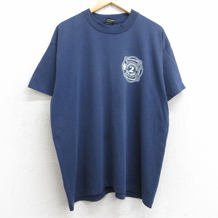 XL★古着 フルーツオブザルーム 半袖 ビンテージ Tシャツ メンズ 90年代 90s 消防署 ニュージャージー 大きいサイズ クルーネック USA製 紺 ネイビー 25jul08 中古