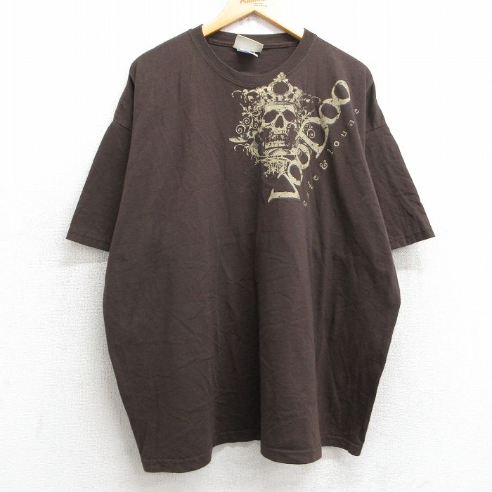 【50%OFF】XL★古着 半袖 ビンテージ Tシャツ メンズ 00年代 00s スカル VooDoo 大きいサイズ コットン クルーネック 茶 ブラウン 25jul08 中古