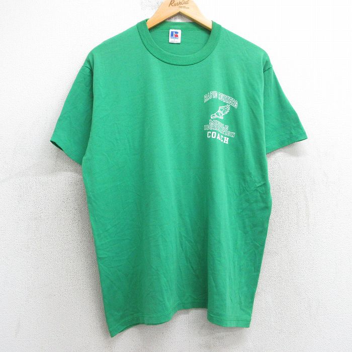 L★古着 ラッセル 半袖 ビンテージ Tシャツ メンズ 80年代 80s ウィングフット コーチ COACH クルーネック USA製 緑 グリーン 25jul08 中古