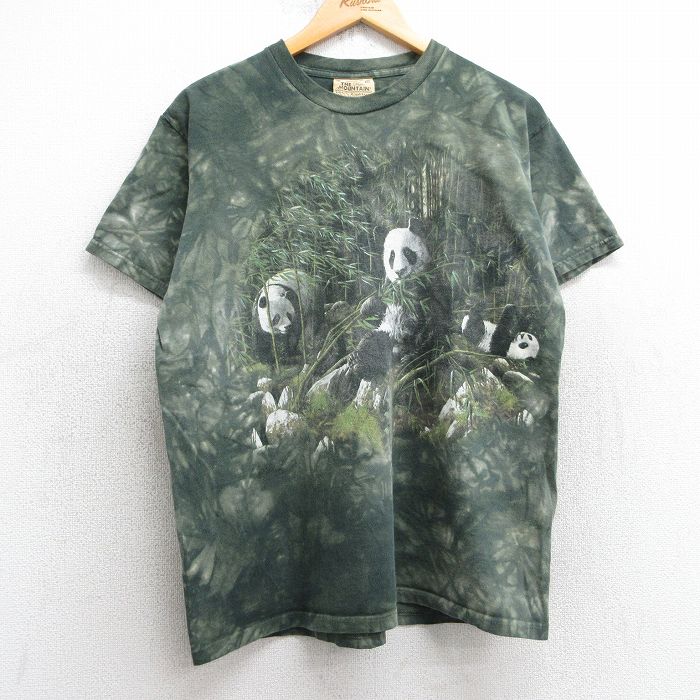 L★古着 半袖 ビンテージ Tシャツ メンズ 00年代 00s パンダ コットン クルーネック 濃緑 グリーン タイダイ 25jul09 中古