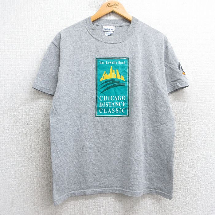 L★古着 リーボック REEBOK 半袖 ビンテージ Tシャツ メンズ 00年代 00s ビッグロゴ Lasalle Bank クルーネック グレー 霜降り 25jul09 中古