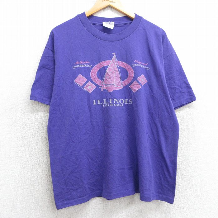 XL★古着 ヘインズ Hanes 半袖 ビンテージ Tシャツ メンズ 90年代 90s ヨット イリノイ クルーネック 紫 パープル 25jul09 中古