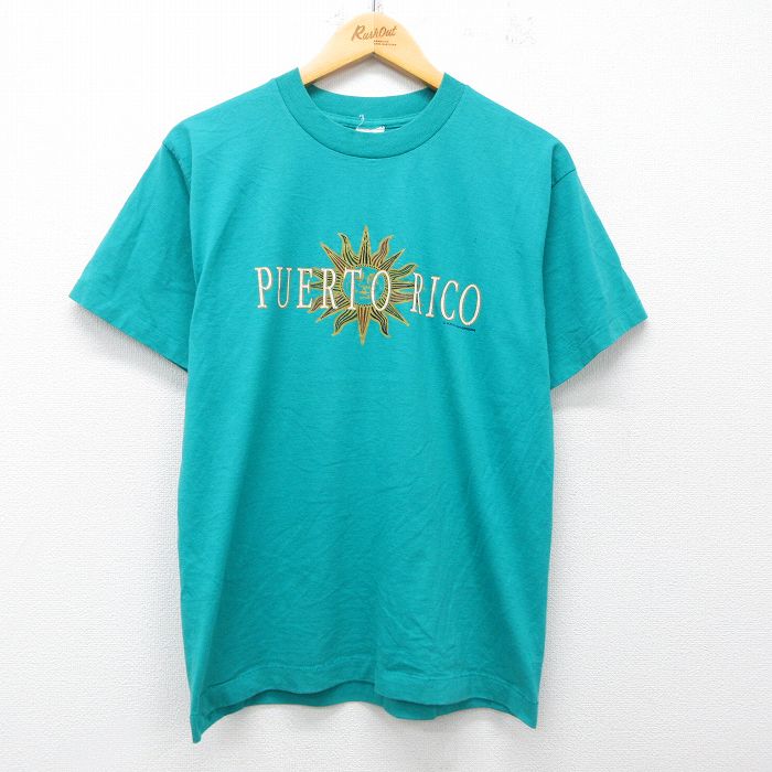 M★古着 半袖 ビンテージ Tシャツ メンズ 00年代 00s プエルトリコ 太陽 クルーネック 青緑 25jul09 中古