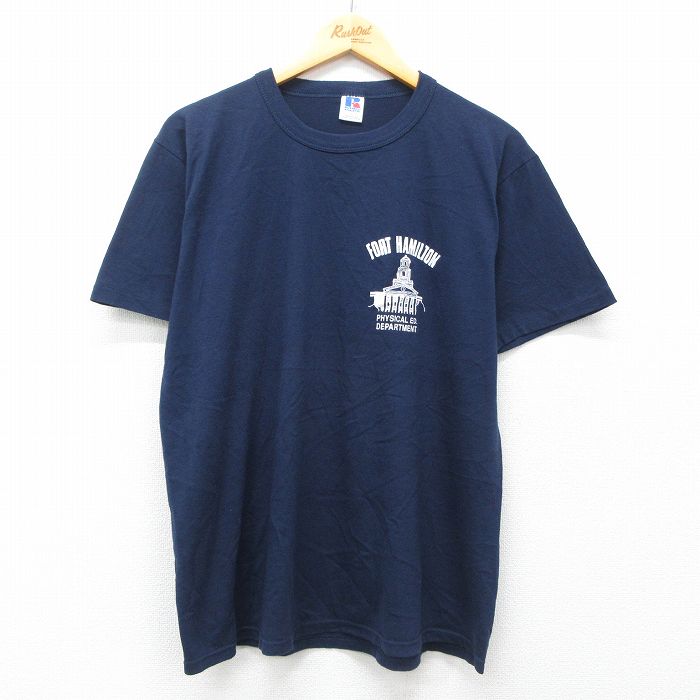 L★古着 ラッセル 半袖 ビンテージ Tシャツ メンズ 90年代 90s フォートハミルトン クルーネック USA製 紺 ネイビー 25jul09 中古