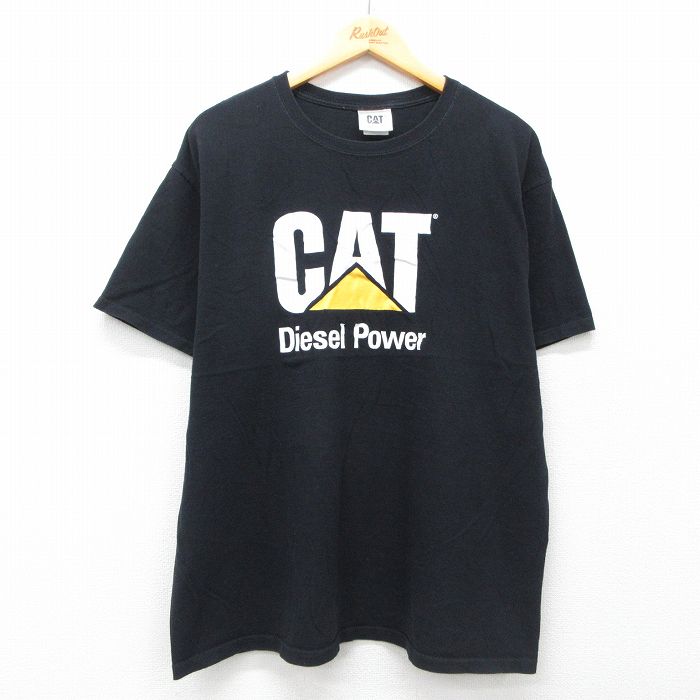 XL★古着 半袖 Tシャツ メンズ CAT 大きいサイズ コットン クルーネック 黒 ブラック 25jul09 中古