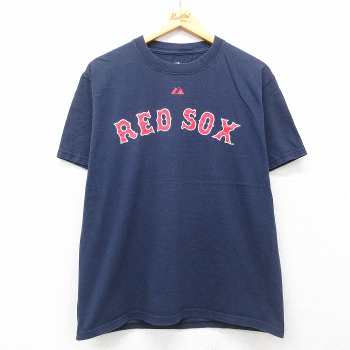 L★古着 マジェスティック 半袖 ビンテージ Tシャツ メンズ 00年代 00s MLB ボストンレッドソックス ダスティンペドロイア 15 コットン クルーネック 紺 ネイビー メジャーリーグ ベースボール 野球 25jul09 中古