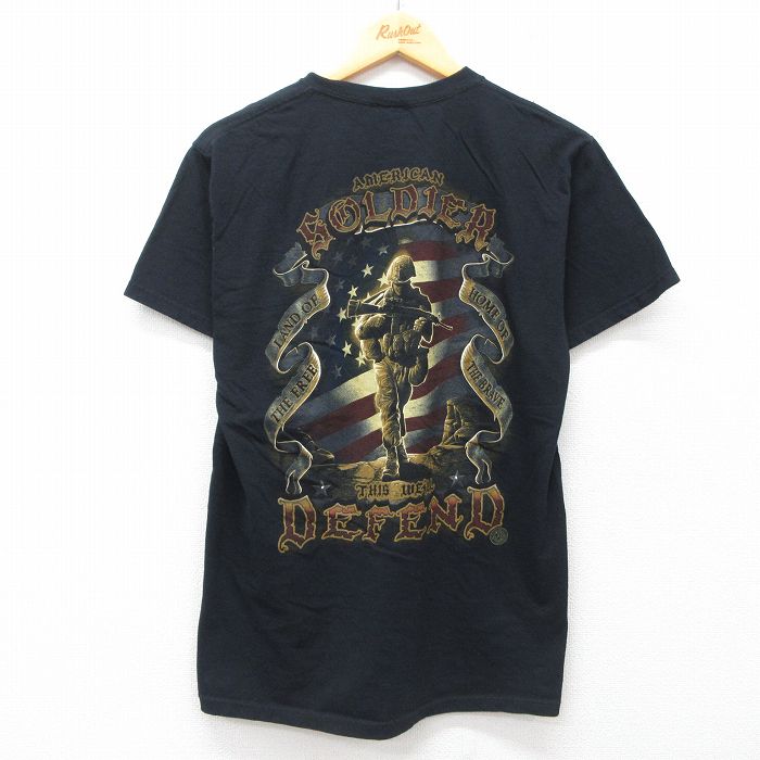 M★古着 フルーツオブザルーム 半袖 ビンテージ Tシャツ メンズ 00年代 00s ミリタリー 星条旗 コットン クルーネック 黒 ブラック 25jul09 中古