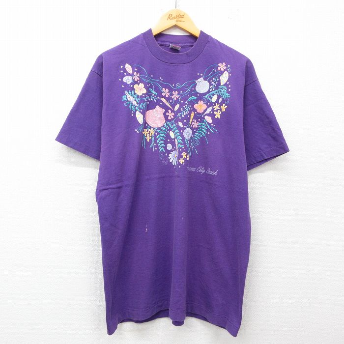 【50%OFF】XL★古着 フルーツオブザルーム 半袖 ビンテージ Tシャツ メンズ 90年代 90s 花 貝殻 コットン クルーネック USA製 紫 パープル 25jul09 中古