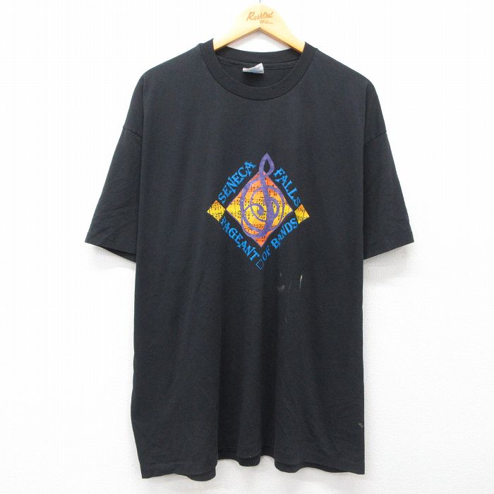 XL★古着 ヘインズ Hanes 半袖 ビンテージ Tシャツ メンズ 90年代 90s 音符 大きいサイズ クルーネック USA製 黒 ブラック 25jul09 中古
