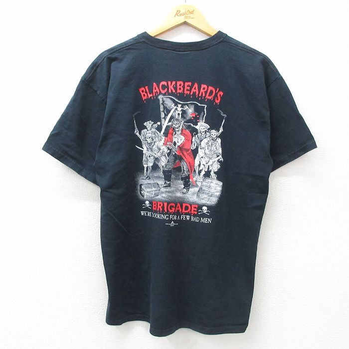 L★古着 半袖 ビンテージ Tシャツ メンズ 00年代 00s スケルトン 海賊 コットン クルーネック 黒 ブラック 25jul09 中古