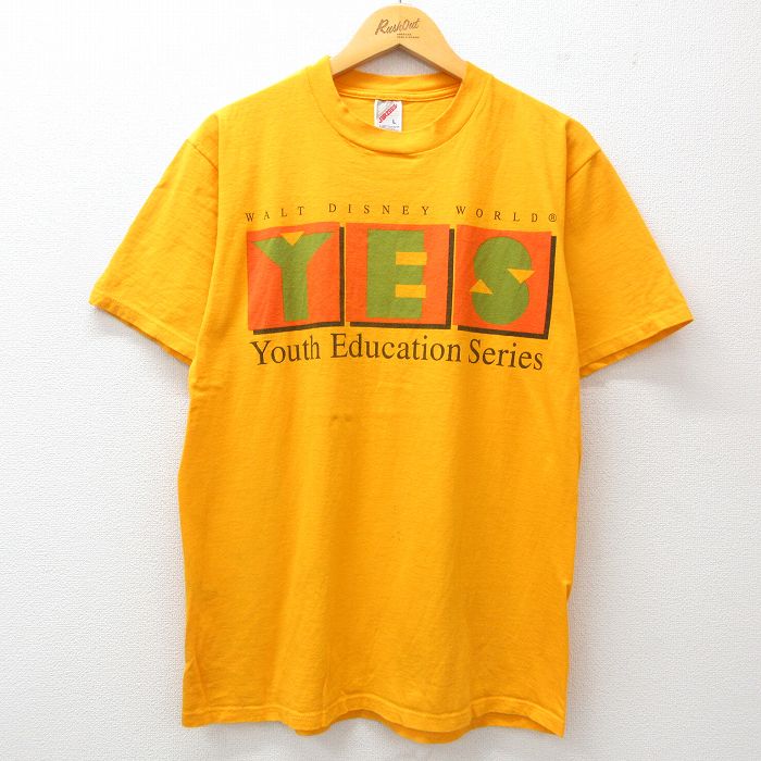 【50%OFF】L★古着 ジャージーズ 半袖 ビンテージ Tシャツ メンズ 90年代 90s ディズニー DISNEY YES コットン クルーネック USA製 黄 イエロー 25jul09 中古