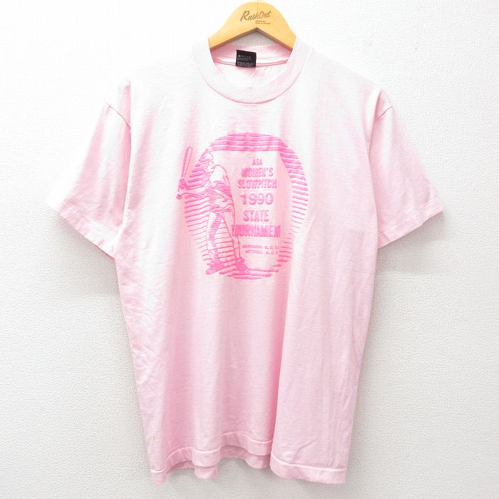 L★古着 スクリーンスターズ 半袖 ビンテージ Tシャツ メンズ 90年代 90s ベースボール クルーネック USA製 薄ピンク 25jul09 中古