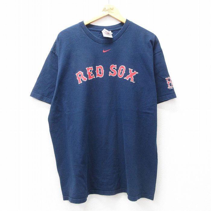XL★古着 ナイキ NIKE 半袖 ビンテージ Tシャツ メンズ 00年代 00s MLB ボストンレッドソックス 大きいサイズ コットン クルーネック 紺 ネイビー メジャーリーグ ベースボール 野球 25jul09 中古