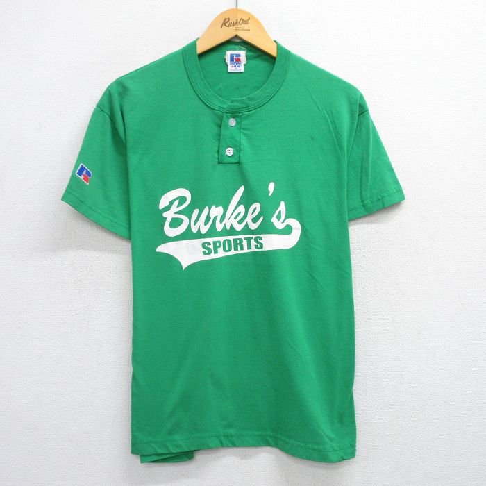L★古着 ラッセル 半袖 ビンテージ Tシャツ メンズ 00年代 00s Burkes SWINGERS 19 ヘンリーネック 緑 グリーン 25jul10 中古