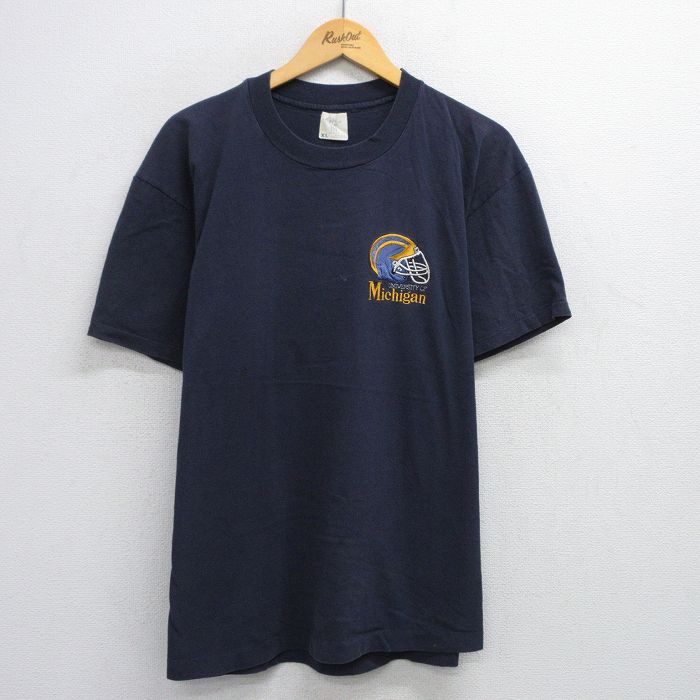 XL★古着 半袖 ビンテージ Tシャツ メンズ 80年代 80s ミシガン 大学 フットボール コットン クルーネック USA製 紺 ネイビー 25jul10 中古