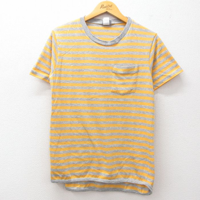 【20%OFF】M★古着 半袖 ビンテージ Tシャツ メンズ 90年代 90s 胸ポケット付き クルーネック USA製 黄他 イエロー ボーダー 25jul10 中古