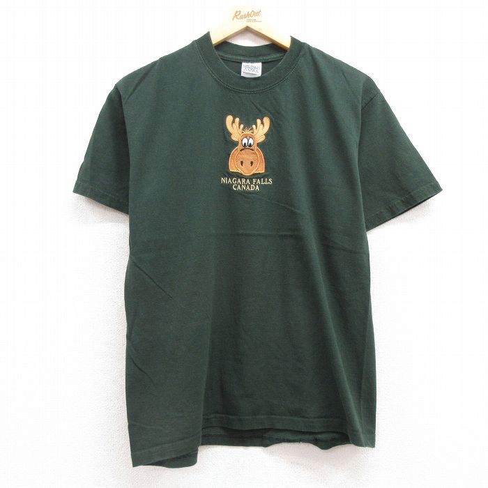 M★古着 半袖 ビンテージ Tシャツ メンズ 00年代 00s シカ ナイアガラの滝 刺繍 コットン クルーネック 緑 グリーン 25jul10 中古