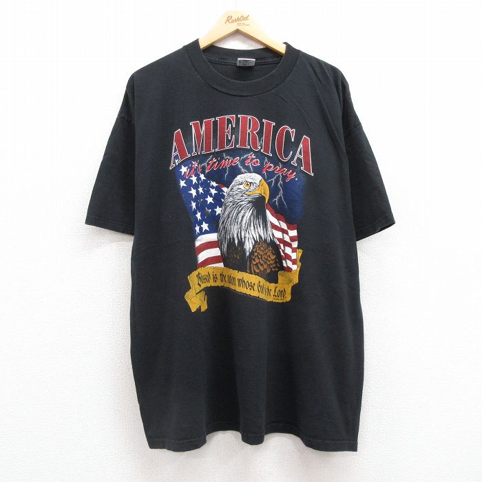 XL★古着 半袖 ビンテージ Tシャツ メンズ 90年代 90s ワシ 星条旗 大きいサイズ コットン クルーネック 黒 ブラック 25jul10 中古