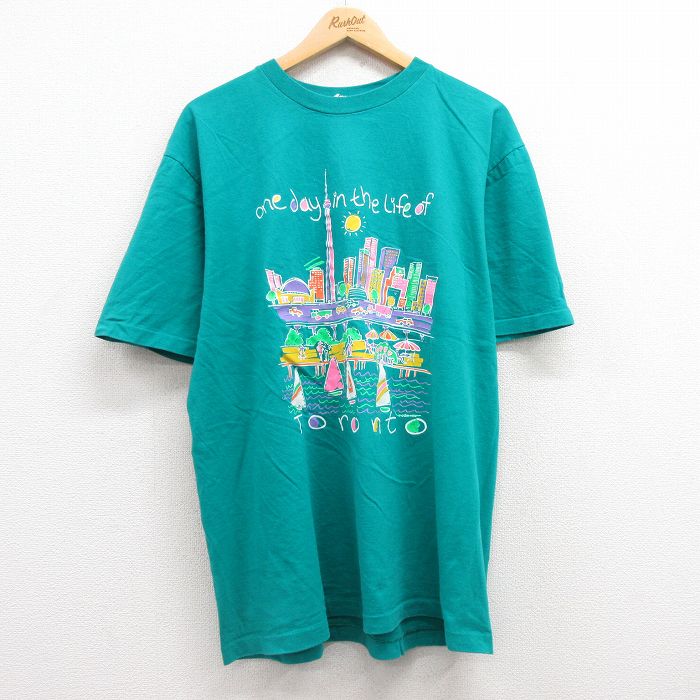 XL★古着 半袖 ビンテージ Tシャツ メンズ 90年代 90s トロント ビル ヨット コットン クルーネック 青緑 25jul10 中古
