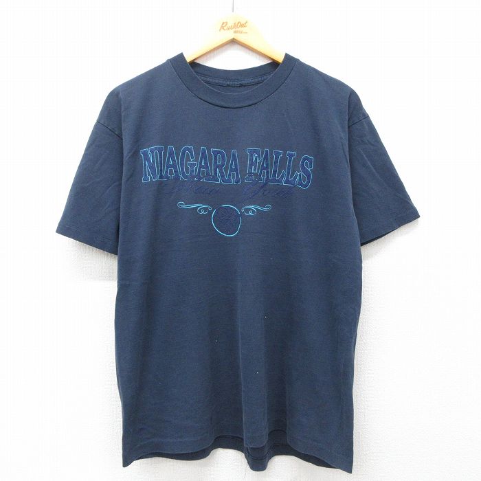 L★古着 半袖 ビンテージ Tシャツ メンズ 90年代 90s ナイアガラの滝 クルーネック 紺 ネイビー 25jul11 中古